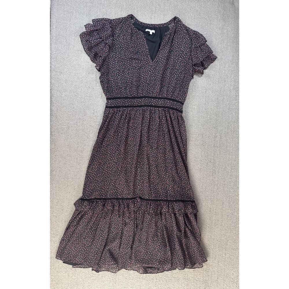 Rebecca Minkof Dress Ditsy Floral Tiered Maxi Prairie Cottagecore Black Sz Large